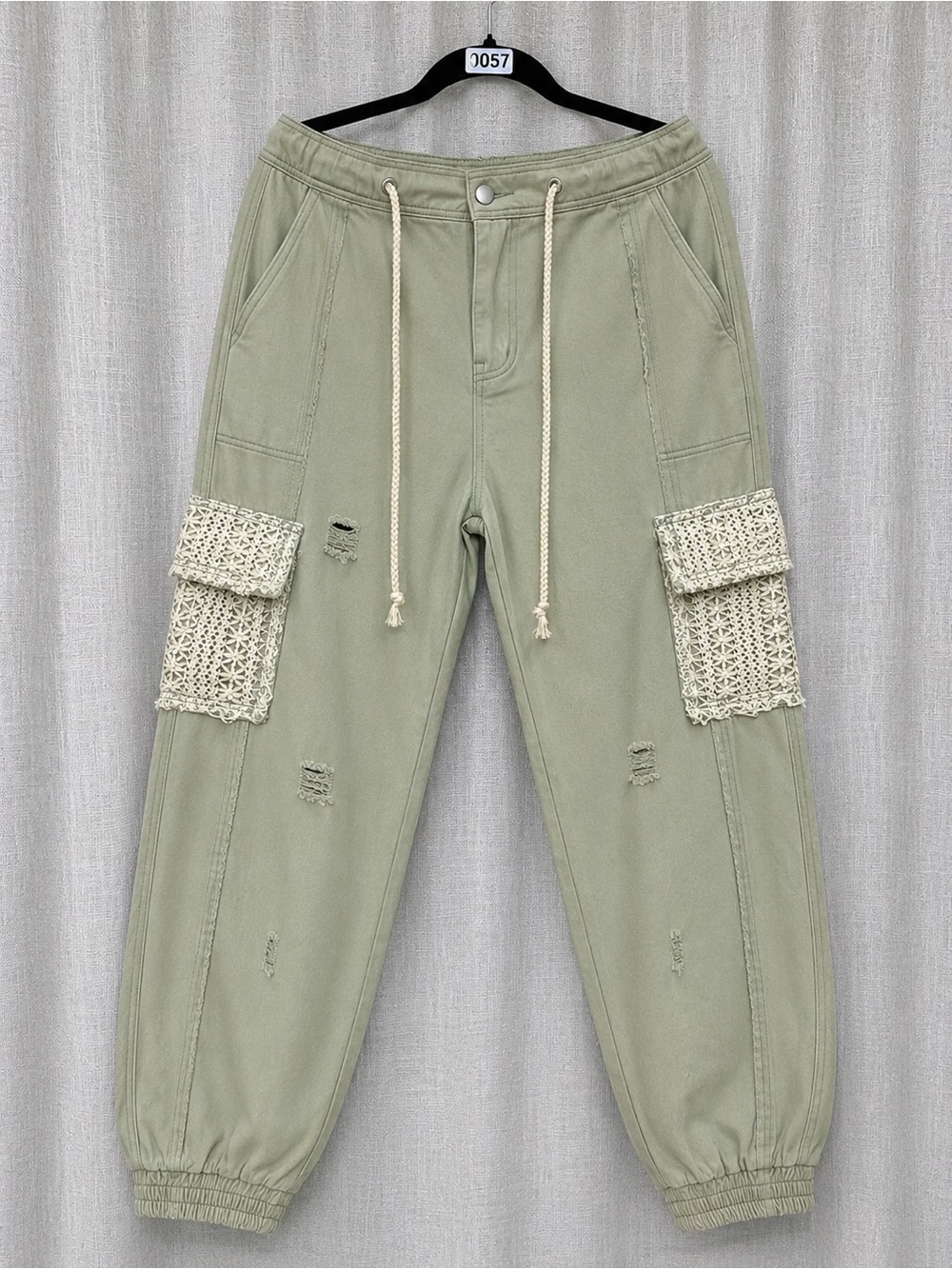 58🌟 POL Sage Green Crochet Cargo Jogger Pants | Distressed Boho Utility